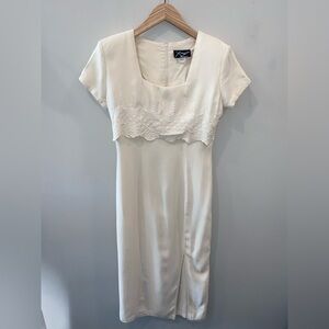 XTRMZ Ivory Square Neck Short Sleeve Sheath Midi Dress Embroidered Size 8